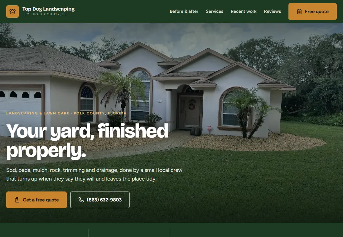 Top Dog Landscaping example website with a strong headline, service links and quote button